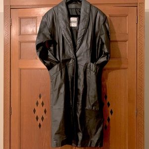 Vintage Comint Petite Full Length Black Real Leather Jacket Trench Coat